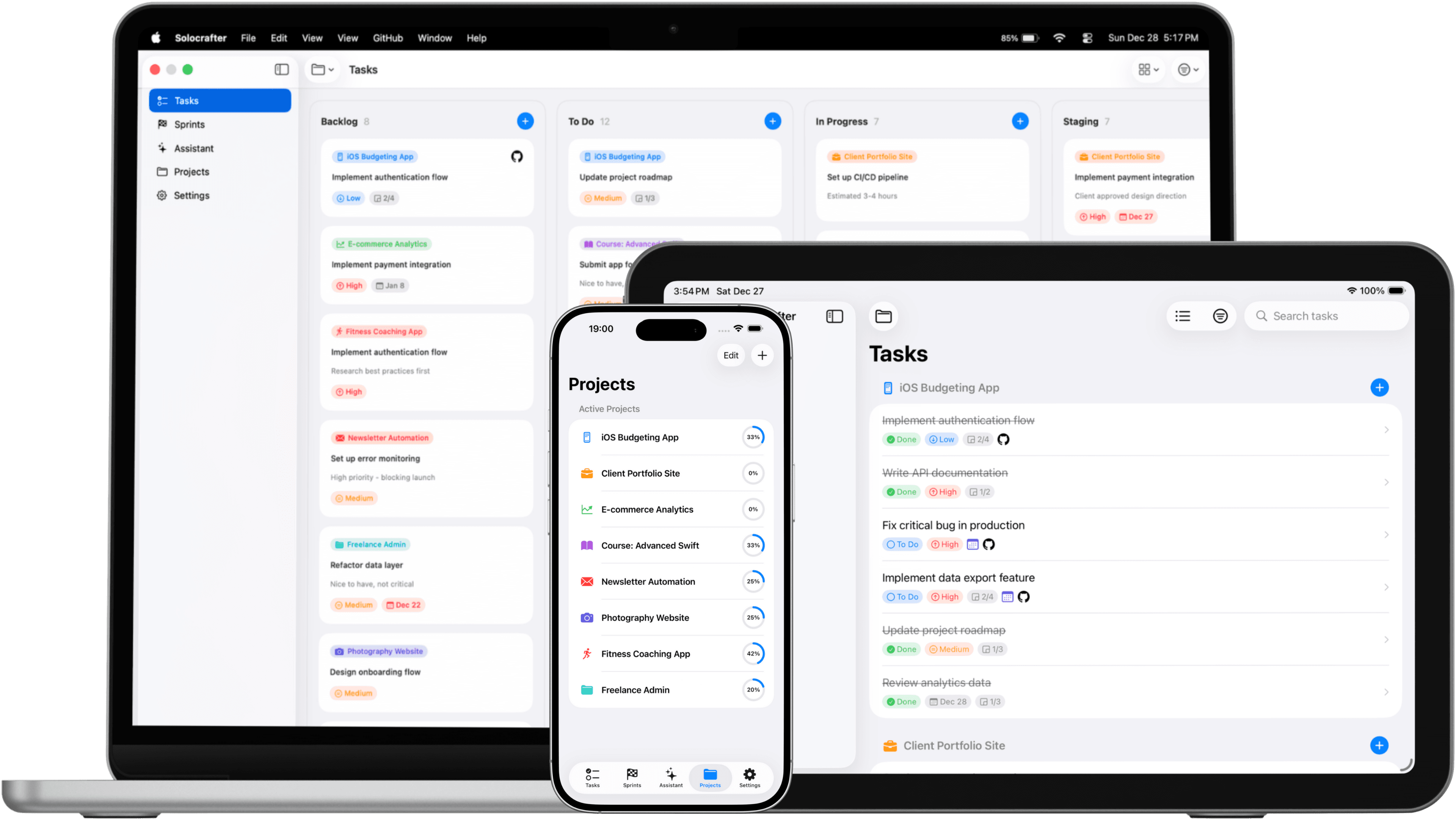 Solocrafter app running on Mac, iPad, and iPhone